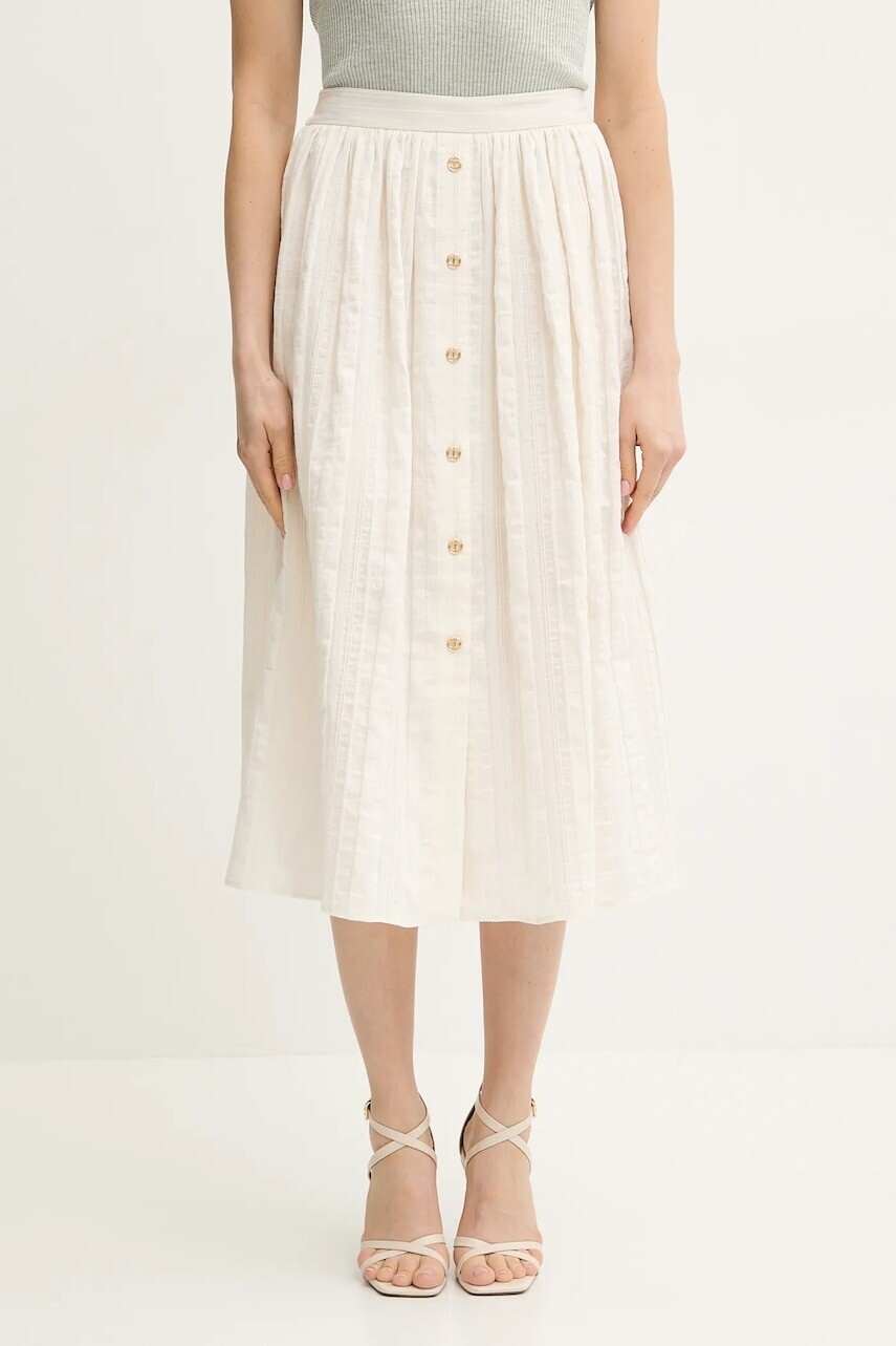 Ľanová sukňa Twinset béžová farba, midi, áčkový strih, 251TT2143