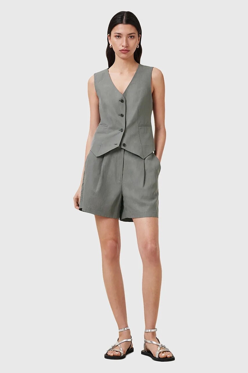 Šortky s prímesou ľanu AllSaints AVERIE šedá farba, jednofarebné, stredne vysoký pás, W046QC