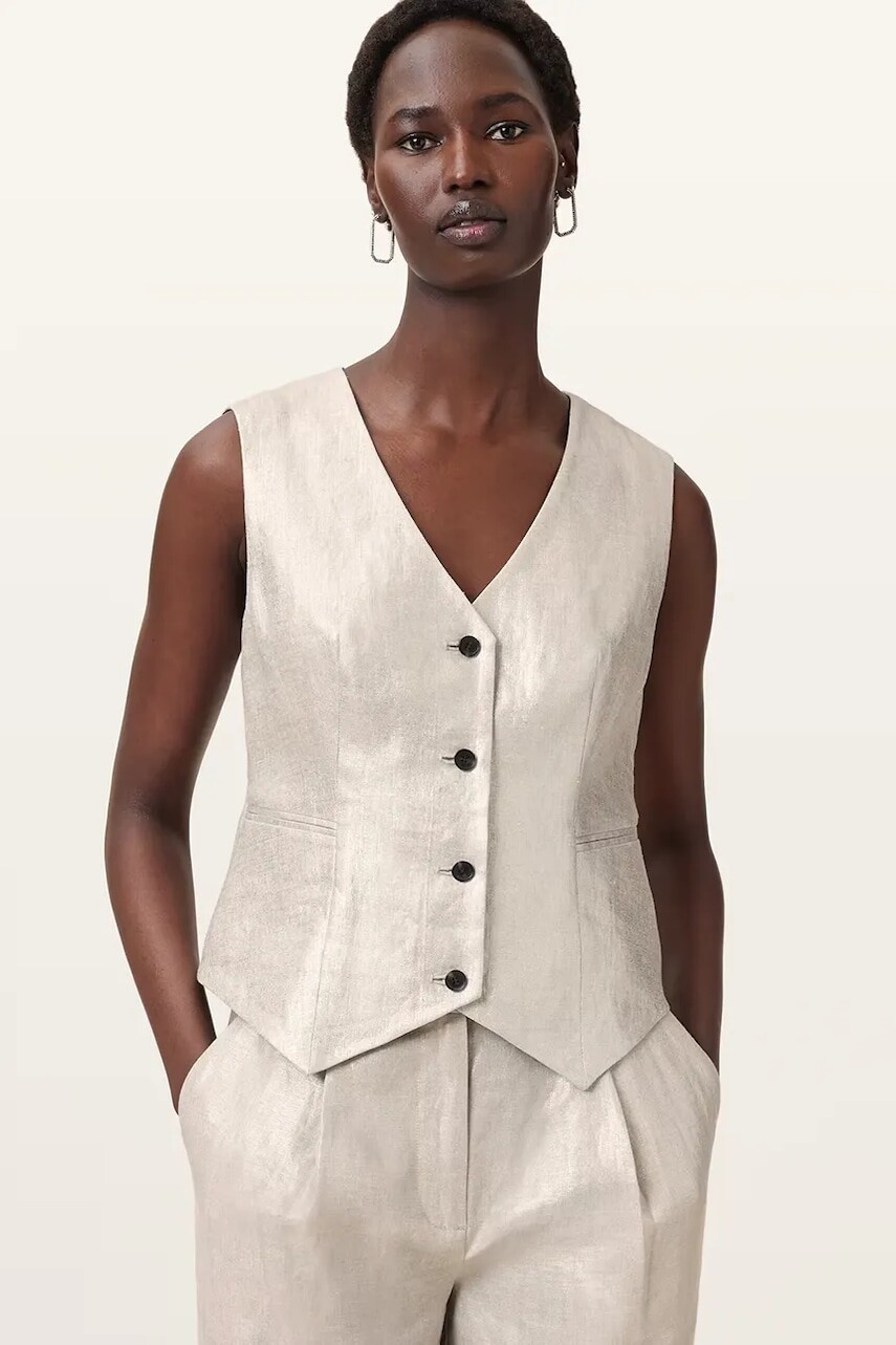 Ľanová vesta AllSaints AVERIE strieborná farba, jednoradová, W068QC