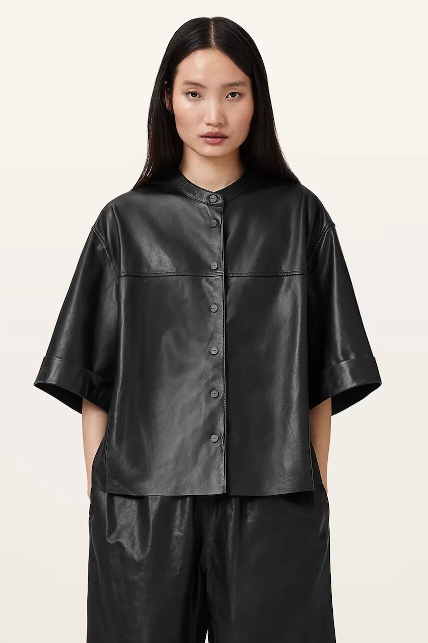 Kožená košeľa AllSaints JENNA čierna farba, voľný strih, so stojačikom, W076PC