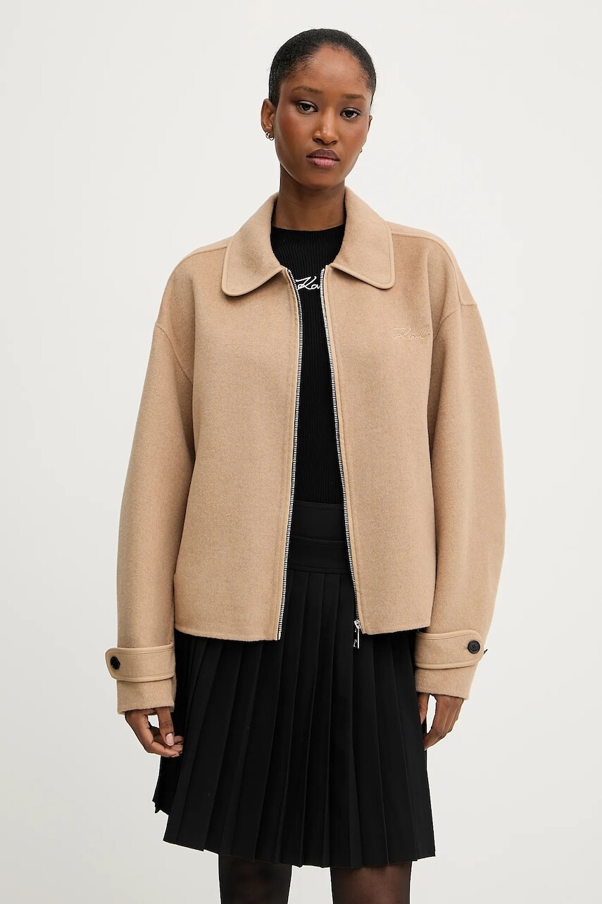 Vlnená bunda Karl Lagerfeld béžová farba, prechodná, A3W15009