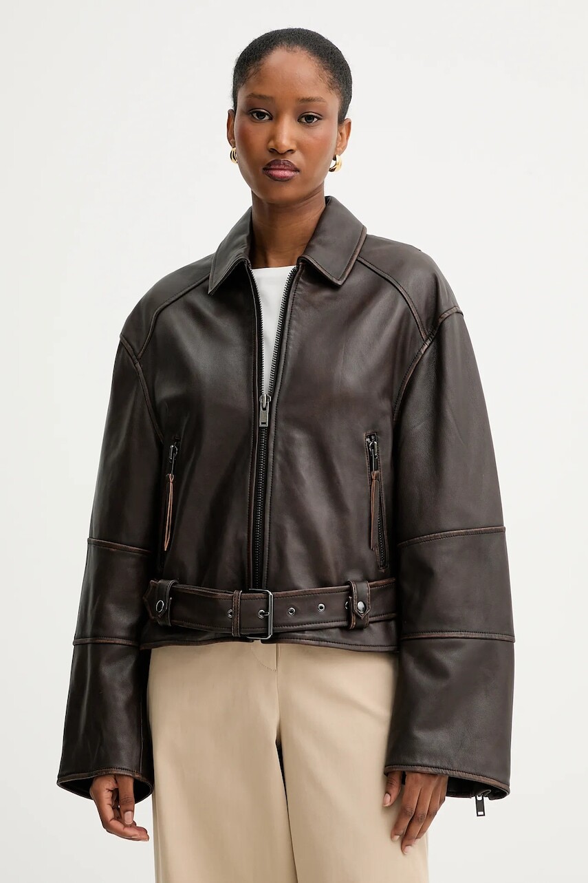 Kožená bunda Weekend Max Mara EGIZIO hnedá farba, prechodná, oversize, 2525446011600