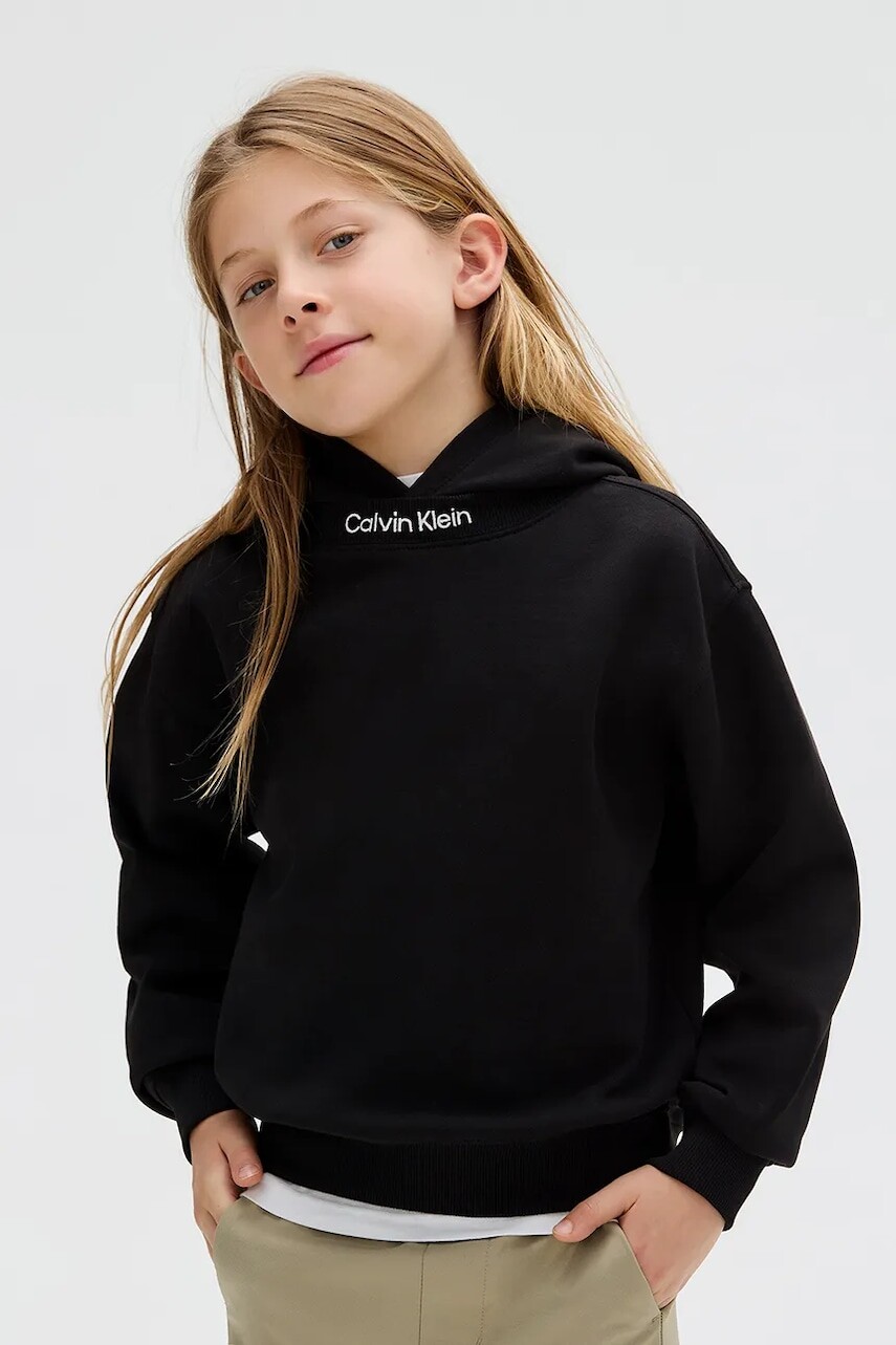 Detská bavlnená mikina Calvin Klein Jeans čierna farba, s kapucňou, jednofarebná, IB0IB02525