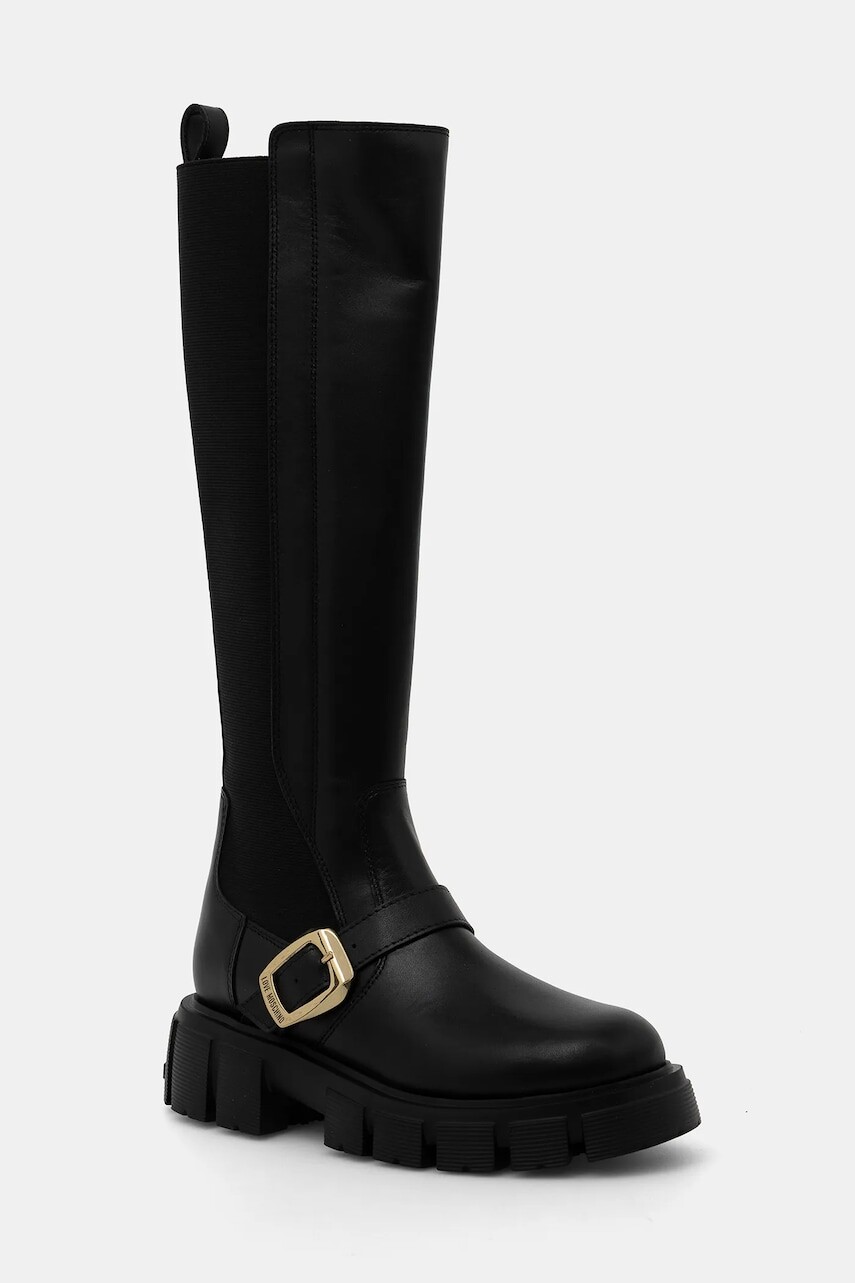Vysoké čižmy Love Moschino čierna farba, na plochom podpätku, JA26015G1NIA0000