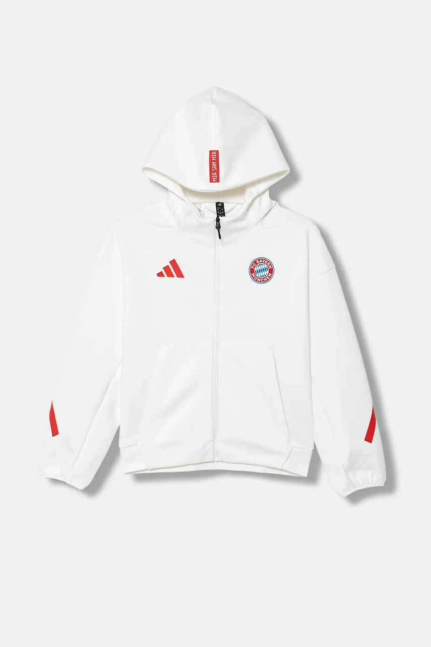 Detská mikina adidas Performance FC Bayern Munich biela farba, s kapucňou, s potlačou, JM9437