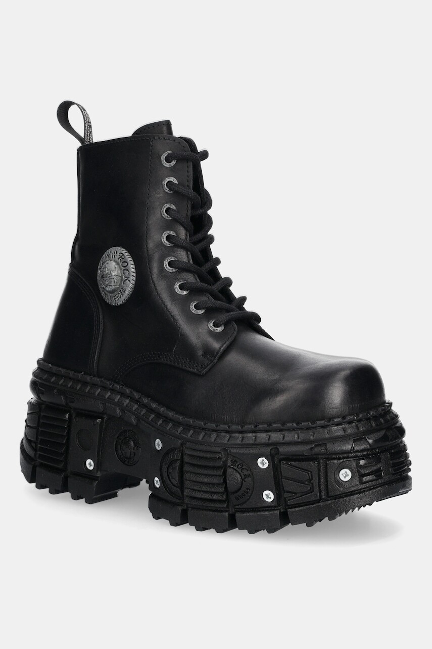 Kožené workery New Rock ITALI NEGRO GRUESO, TANK CASCO NEGRO TORNILLOS čierna farba, na plochom podpätku, M-OVERZTANK001-C1