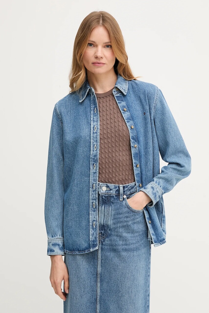 Rifľová košeľa Tommy Hilfiger modrá farba, regular, s klasickým golierom, WW0WW47219