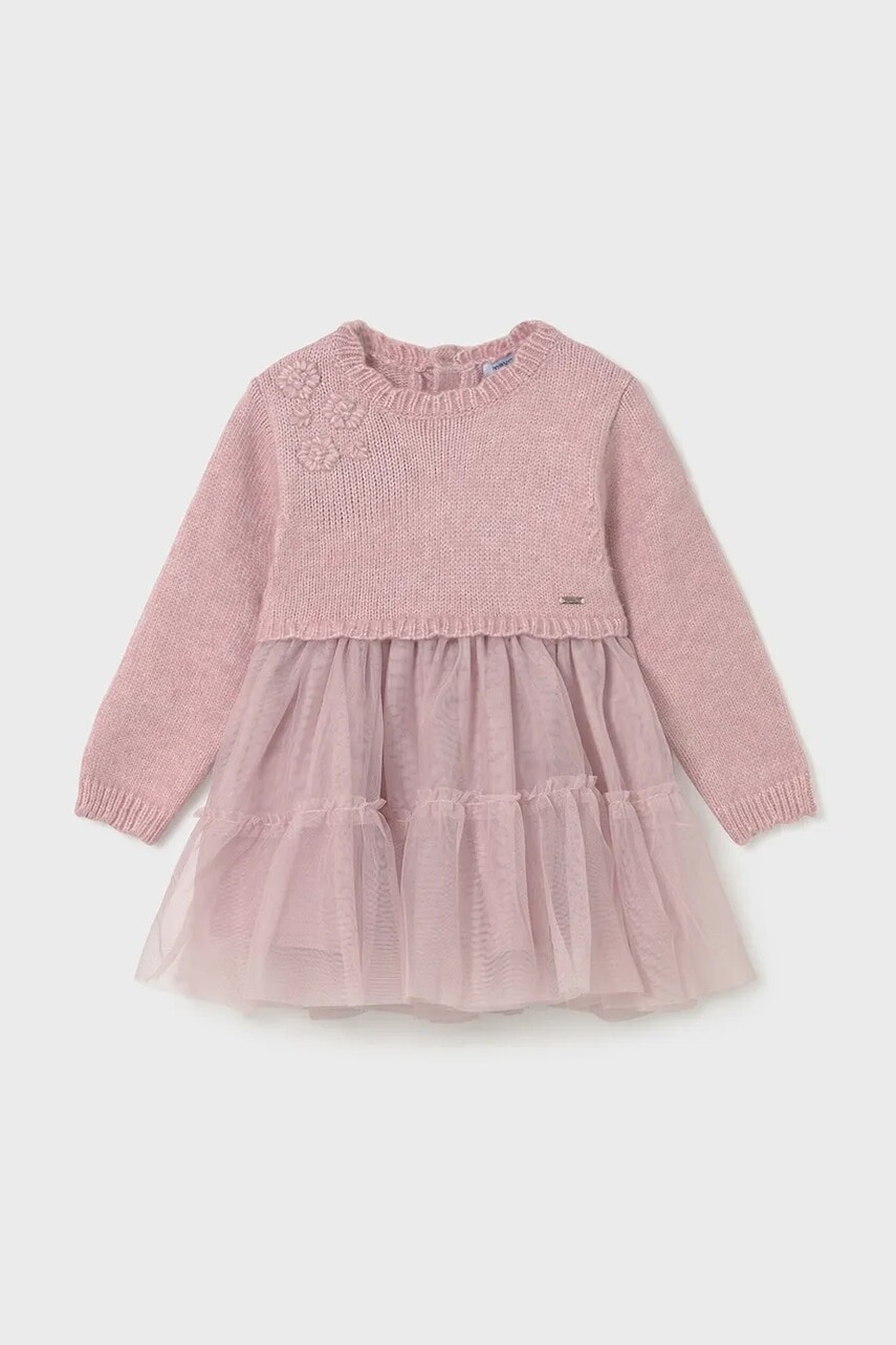 Šaty pre bábätká Mayoral ružová farba, mini, áčkový strih, 2905