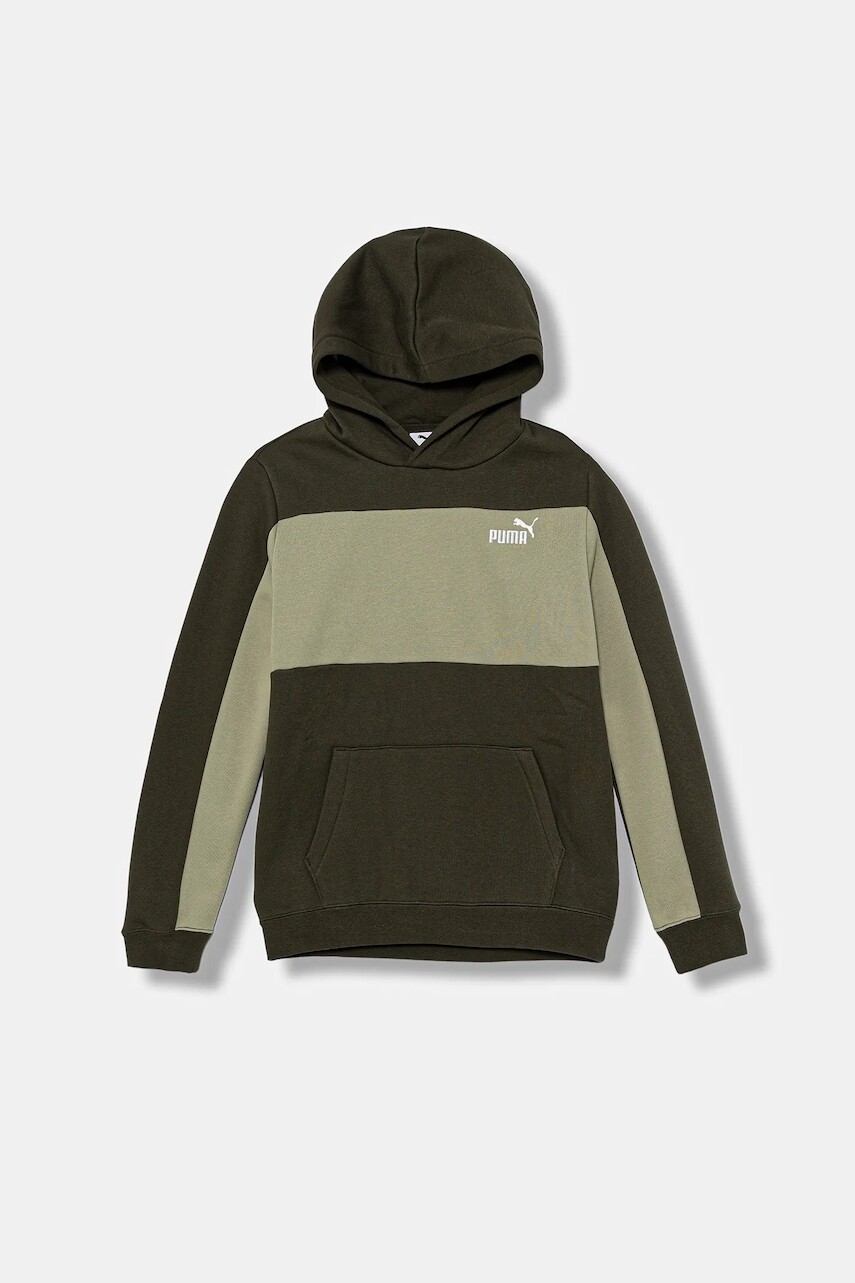 Detská mikina Puma ESS BLOCK Small Logo Hoodie FL B zelená farba, s kapucňou, vzorovaná, 690784