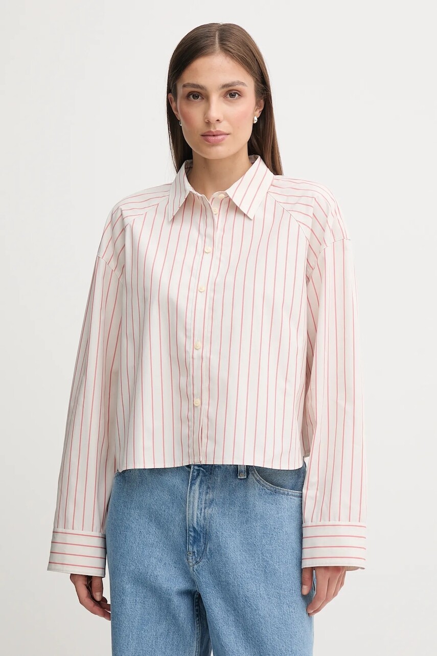 Bavlnená košeľa Calvin Klein Jeans béžová farba, voľný strih, s klasickým golierom, LV047C118G