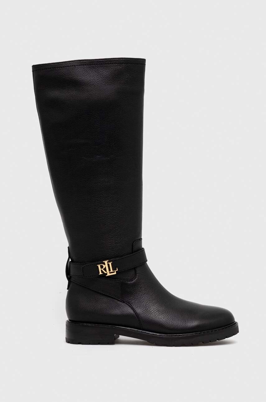Kožené čižmy Lauren Ralph Lauren Hallee dámske, čierna farba, na plochom podpätku, 802915444001