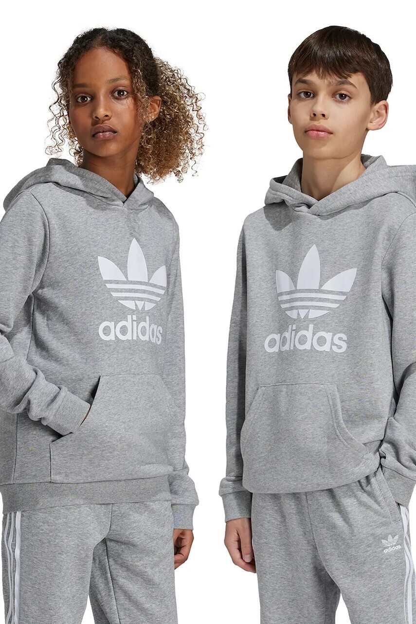 Detská mikina adidas Originals TREFOIL HOODIE šedá farba, s kapucňou, s potlačou, IY7442