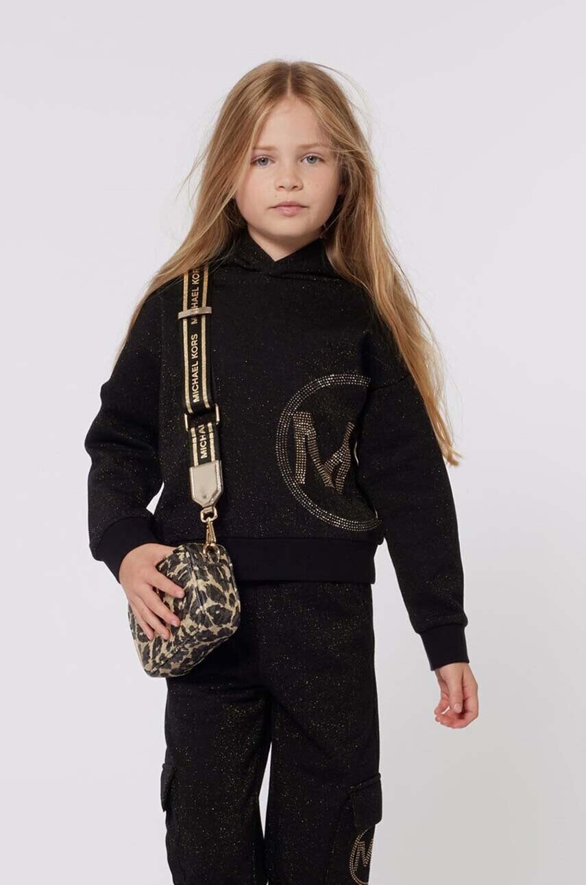 Detská mikina Michael Kors čierna farba, s kapucňou, s potlačou, R30154