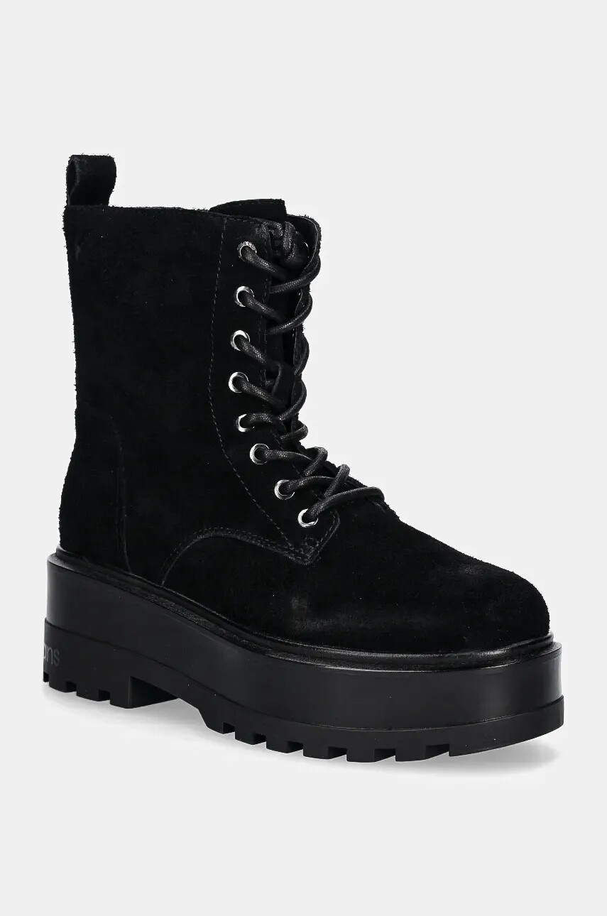 Semišové workery Calvin Klein Jeans FLATFORM ZIP LACEUP MG S dámske, čierna farba, na platforme, YW0YW01554