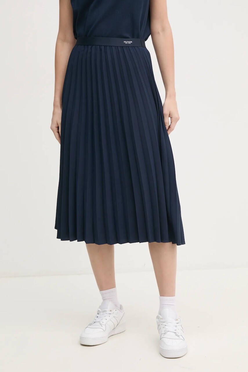 Sukňa Tommy Hilfiger tmavomodrá farba, midi, áčkový strih, WW0WW43886