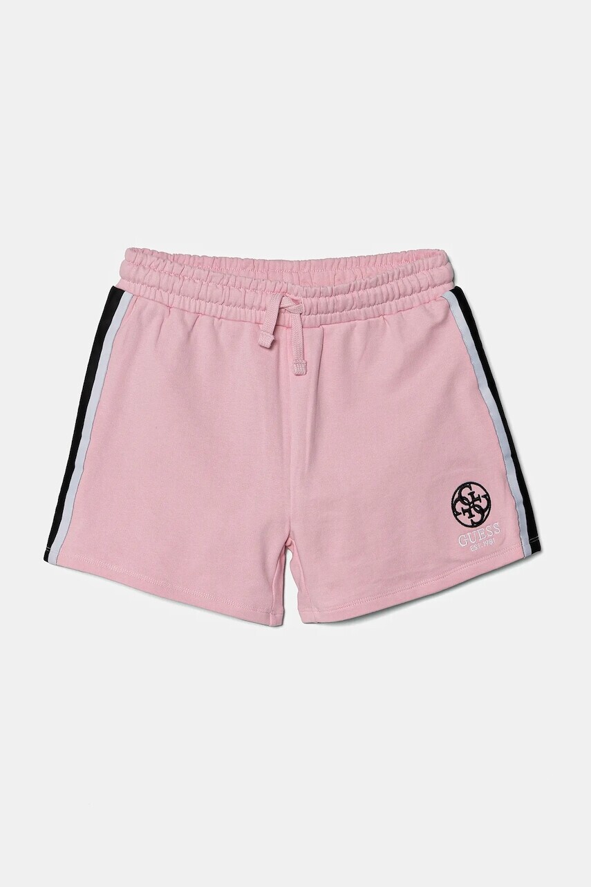 Detské bavlnené šortky Guess ružová farba, s nášivkou, nastaviteľný pás J5RD09 KAD74