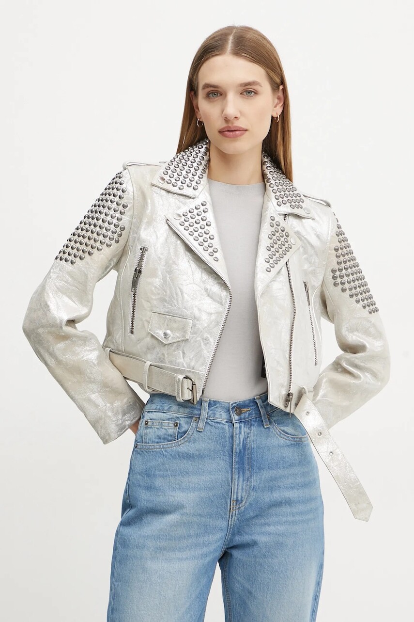 Semišová bunda The Kooples dámska, strieborná farba, prechodná, FCUI29011K