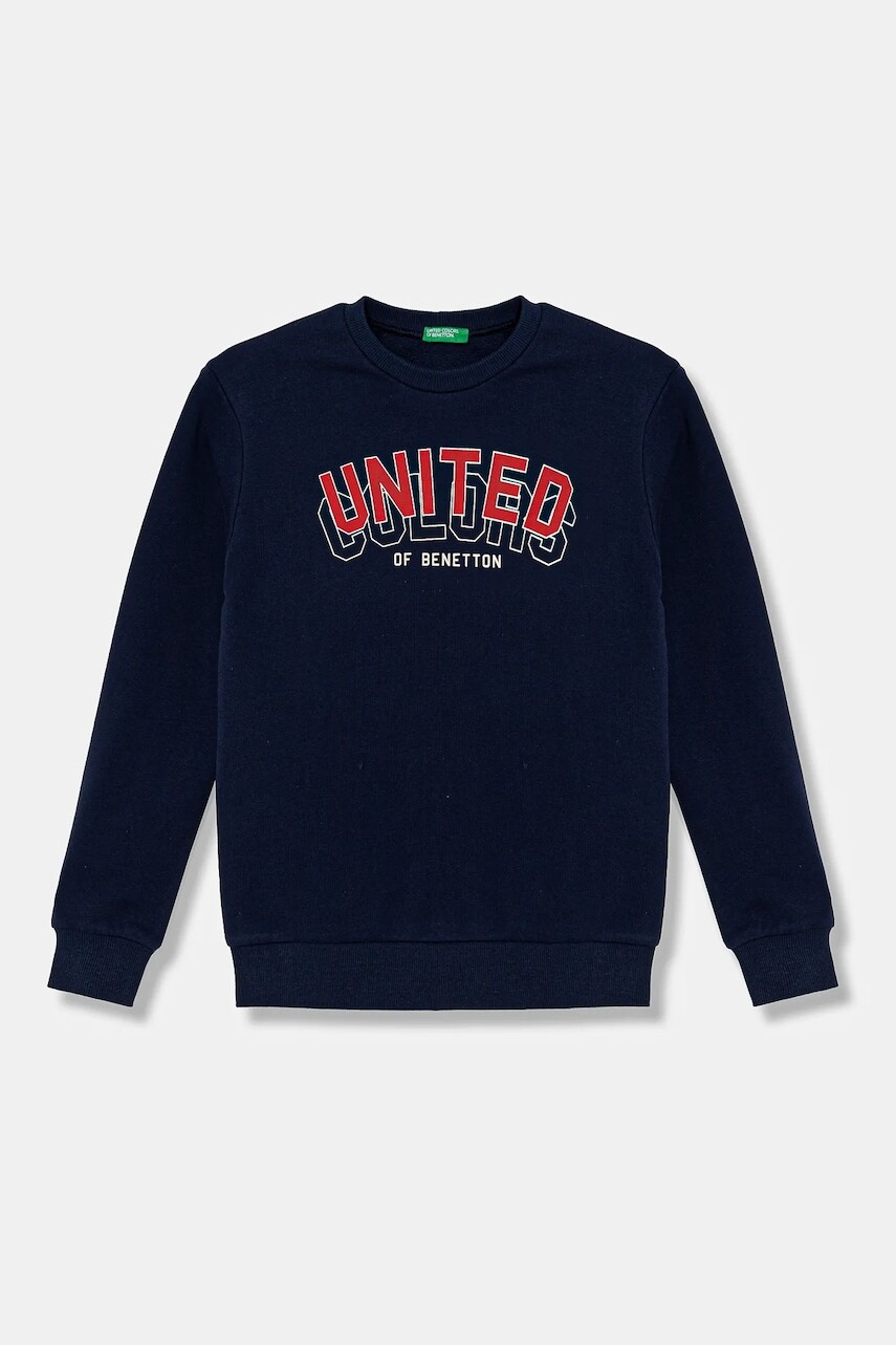 Detská bavlnená mikina United Colors of Benetton tmavomodrá farba, s kapucňou, s potlačou, 3J68C10N2