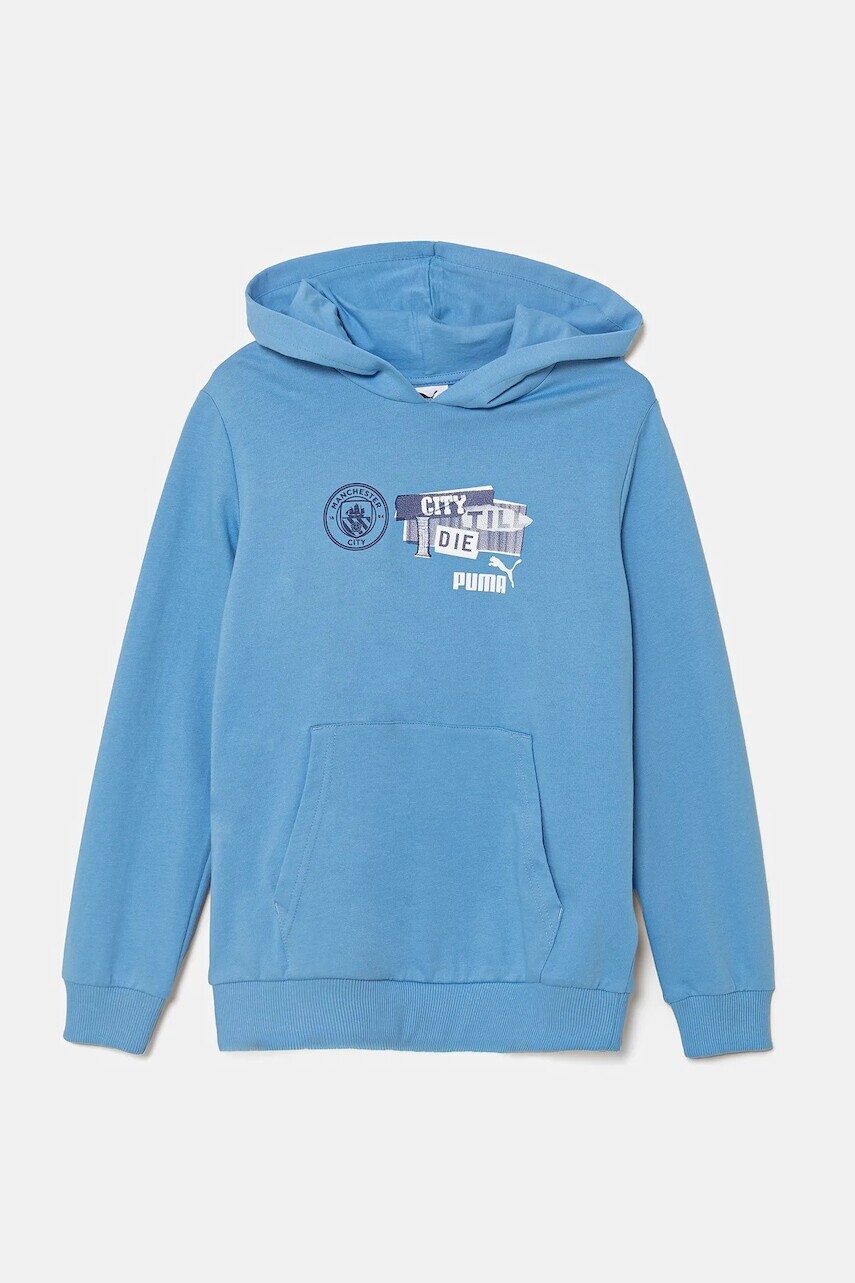 Detská bavlnená mikina Puma MCFC ftblNRGY Hoodie s kapucňou, s potlačou, 779122