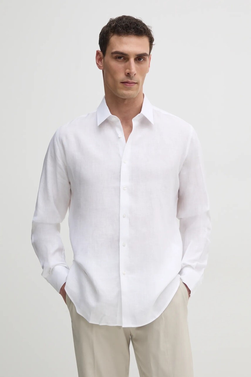 Ľanová košeľa Karl Lagerfeld pánska, biela farba, regular, s klasickým golierom, 552667.605000