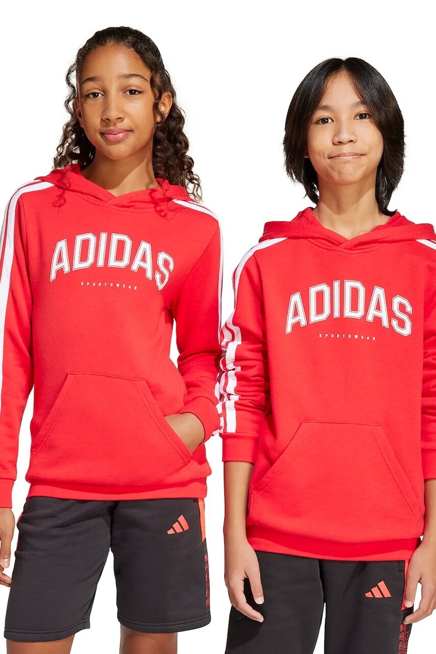 Detská mikina adidas červená farba, s kapucňou, s potlačou, JM7357