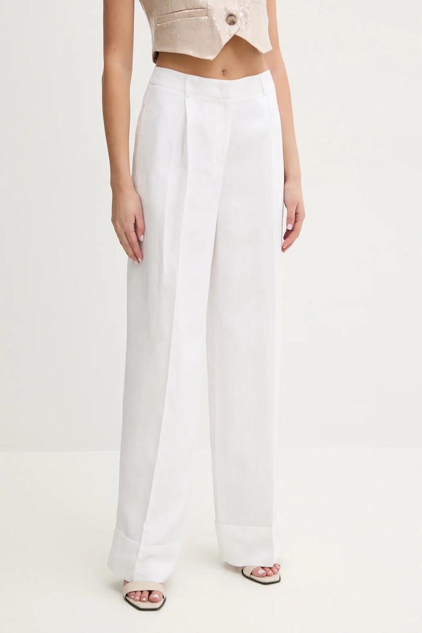 Nohavice s prímesou ľanu Blugirl Blumarine dámske, biela farba, rovné, vysoký pás, RA5161.T8823