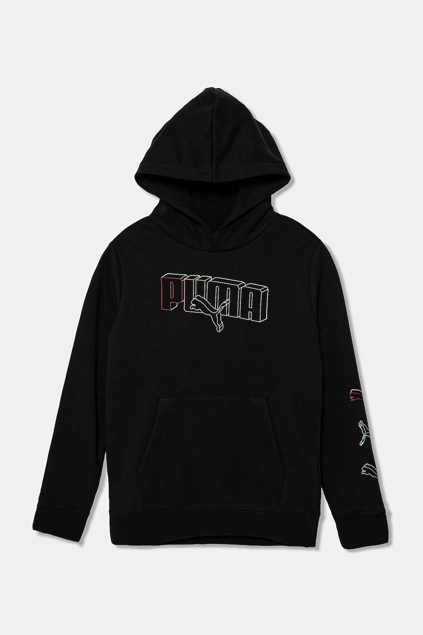 Detská bavlnená mikina Puma ESS LOGO LAB Execution Hoodie TR čierna farba, s kapucňou, s potlačou, 685789