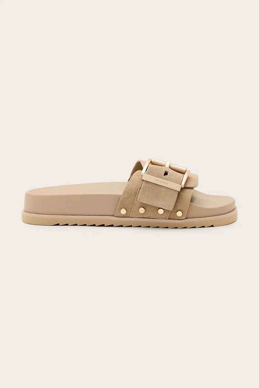 Kožené šľapky AllSaints Ellie Stud Slider dámske, béžová farba, W040FC