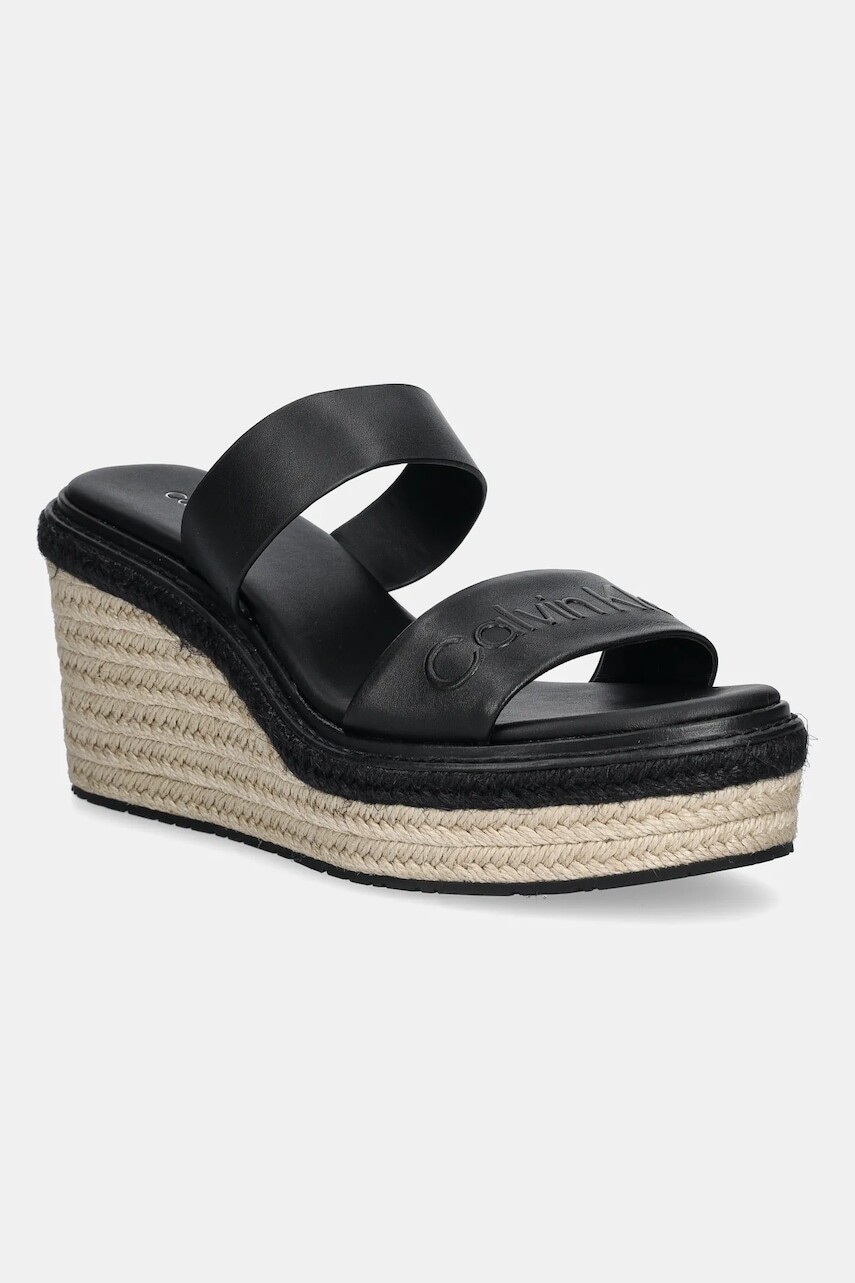 Kožené šľapky Calvin Klein WEDGE SANDAL 50 - HE dámske, čierna farba, na kline, HW0HW02375