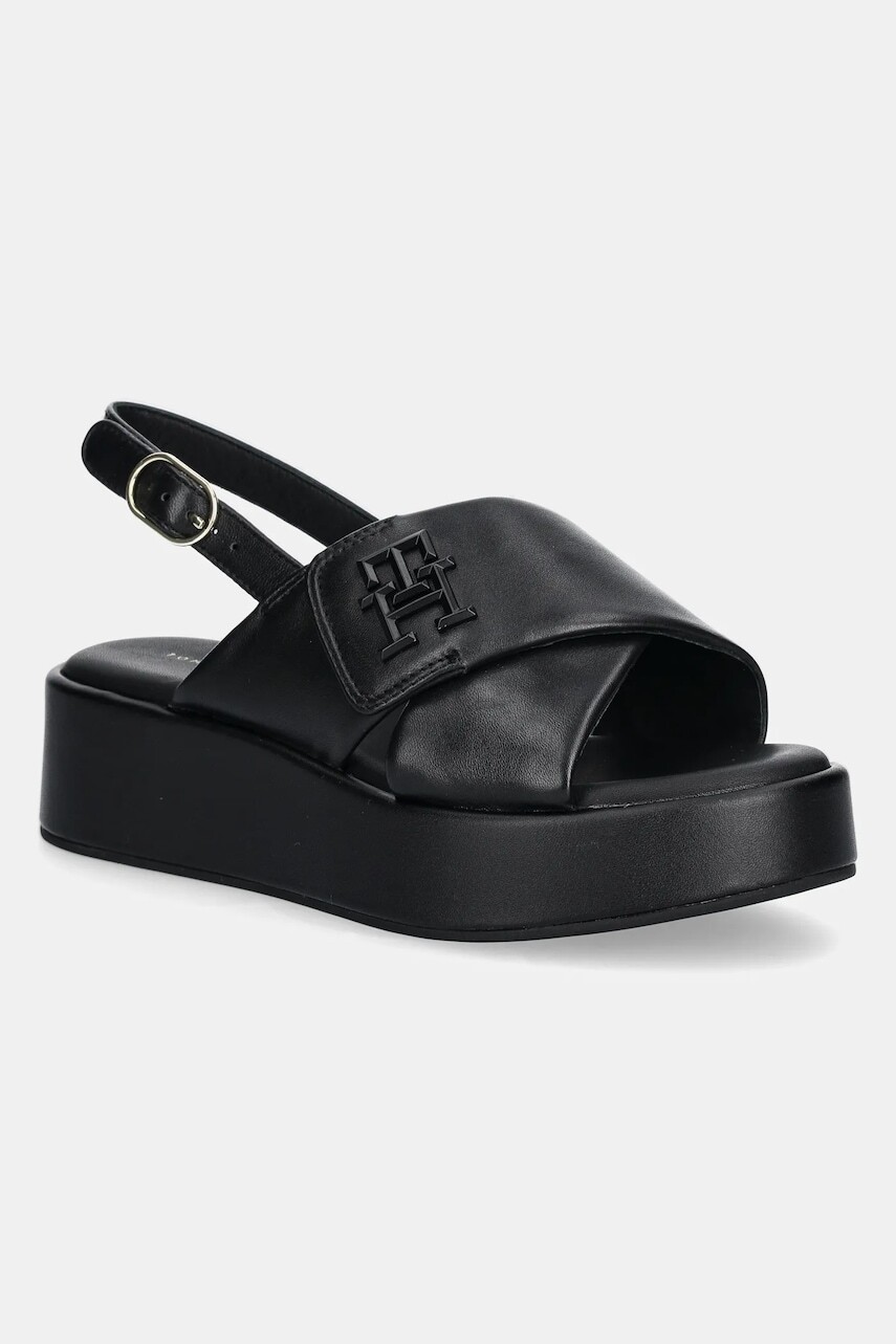Kožené sandále Tommy Hilfiger TH LOGO HW PADDED LEATHER SANDAL dámske, čierna farba, na platforme, FW0FW08808