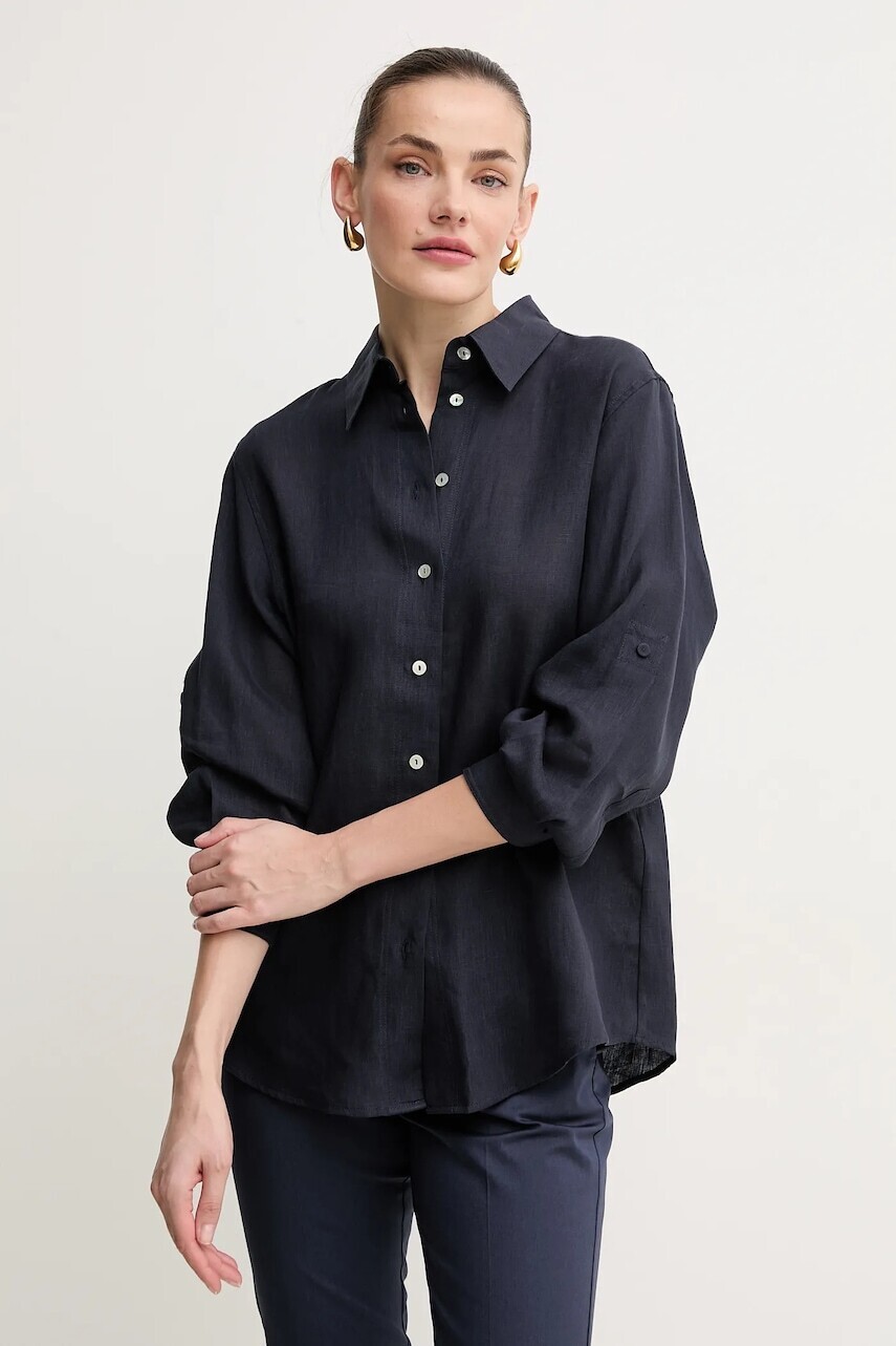 Ľanová košeľa Marella IXIE dámska, tmavomodrá farba, voľný strih, s klasickým golierom, 2513111084200