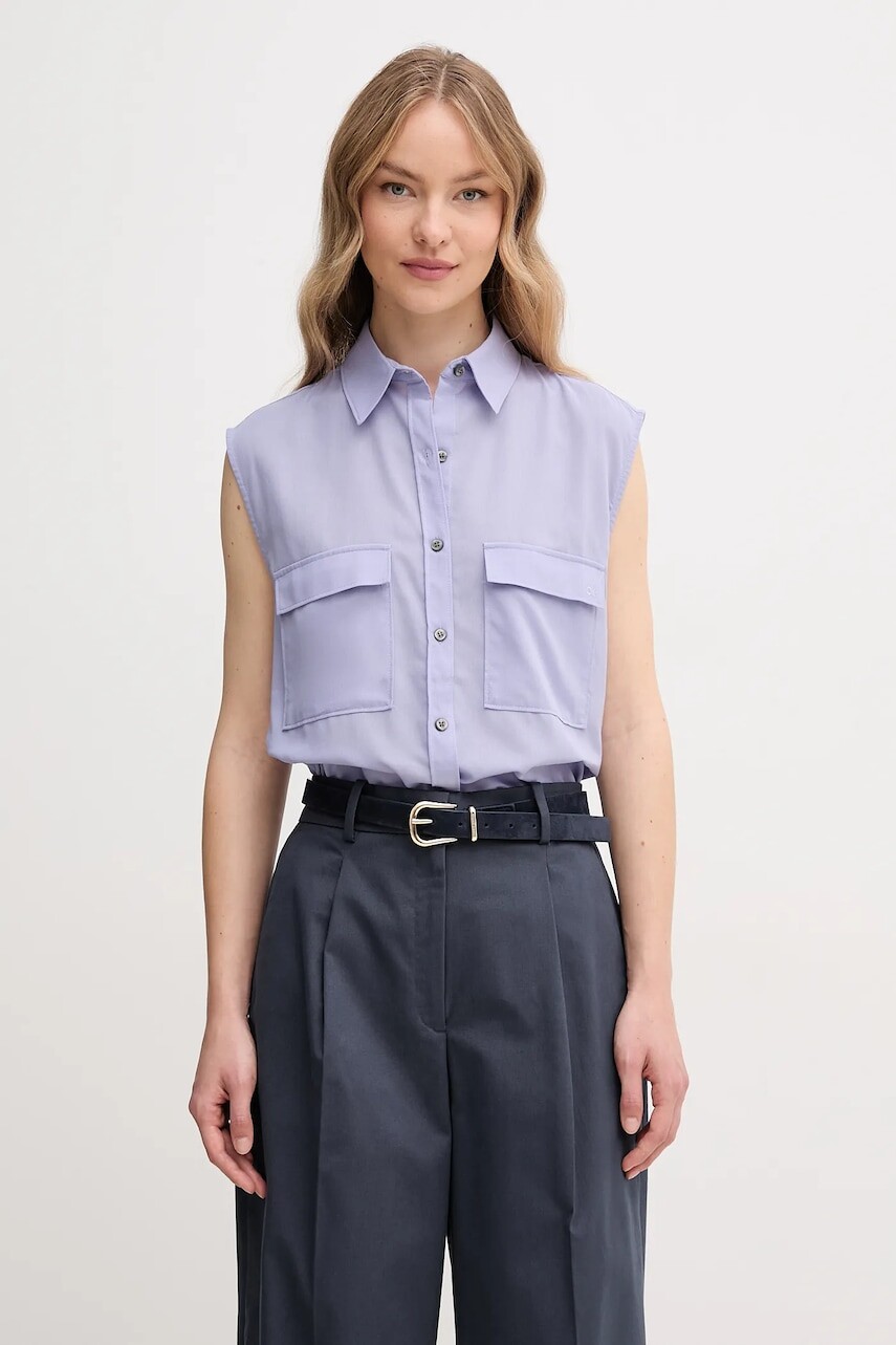 Bavlnená košeľa Calvin Klein dámska, fialová farba, regular, s klasickým golierom, K20K208224