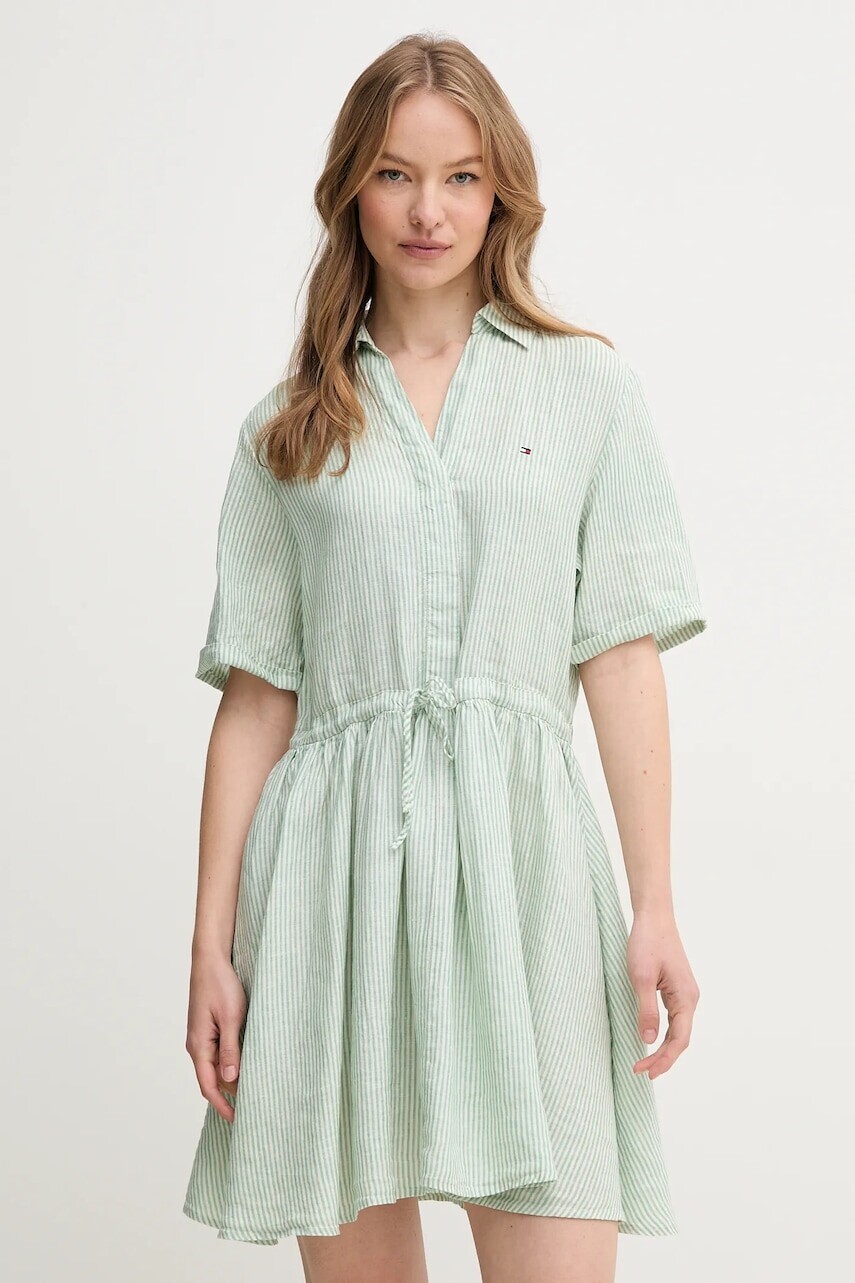 Ľanové šaty Tommy Hilfiger zelená farba, mini, áčkový strih, WW0WW44672