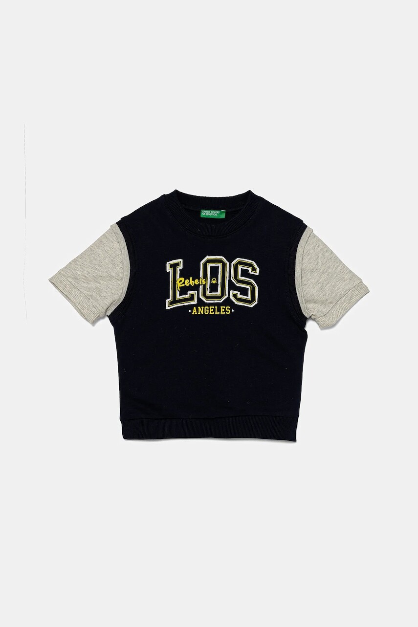 Detská bavlnená mikina United Colors of Benetton tmavomodrá farba, s potlačou, 3BC1G10IN