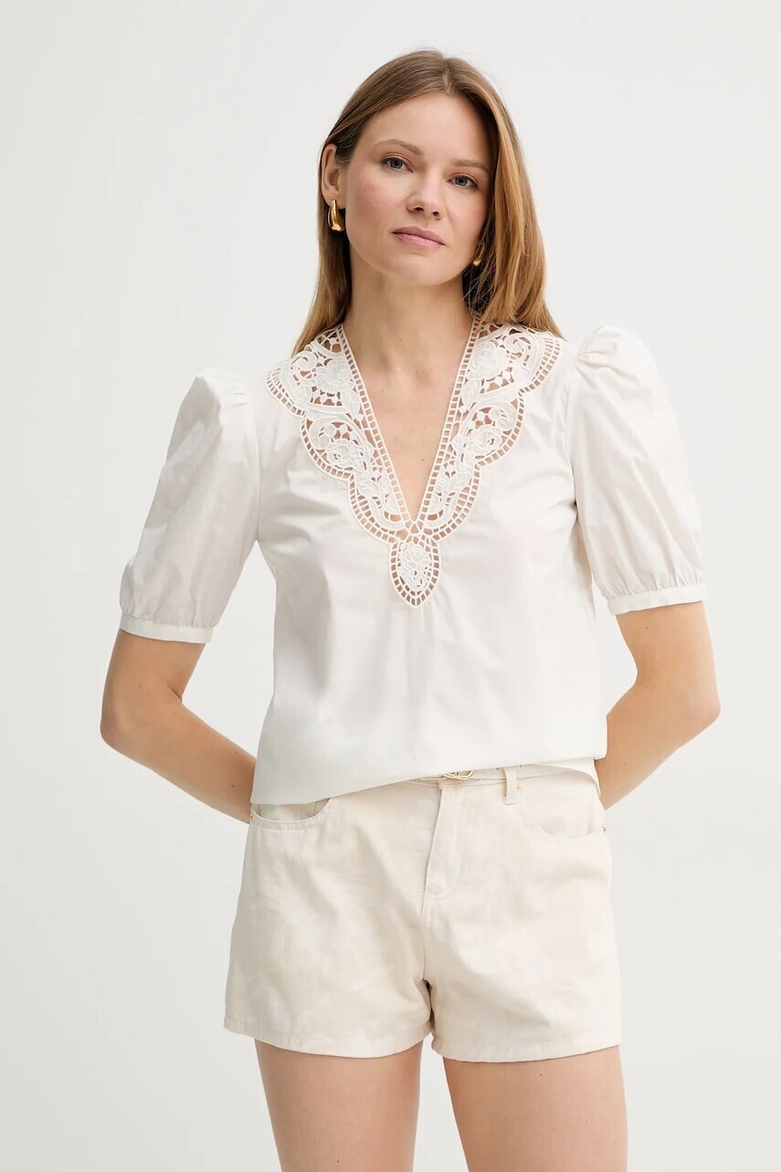 Bavlnená blúzka Twinset biela farba, s nášivkou, 251TT2335