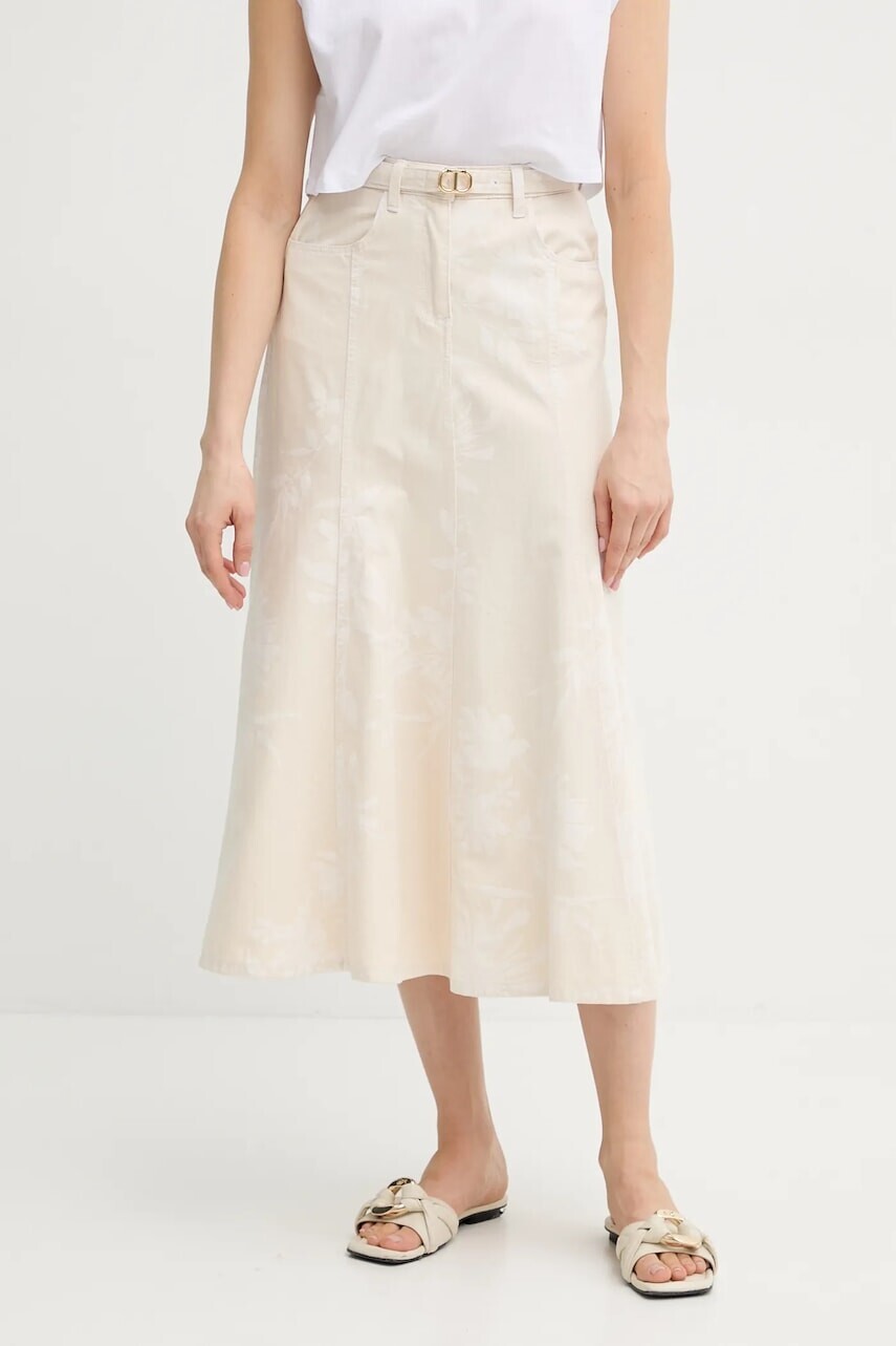 Bavlnená sukňa Twinset béžová farba, midi, áčkový strih, 251TT2204