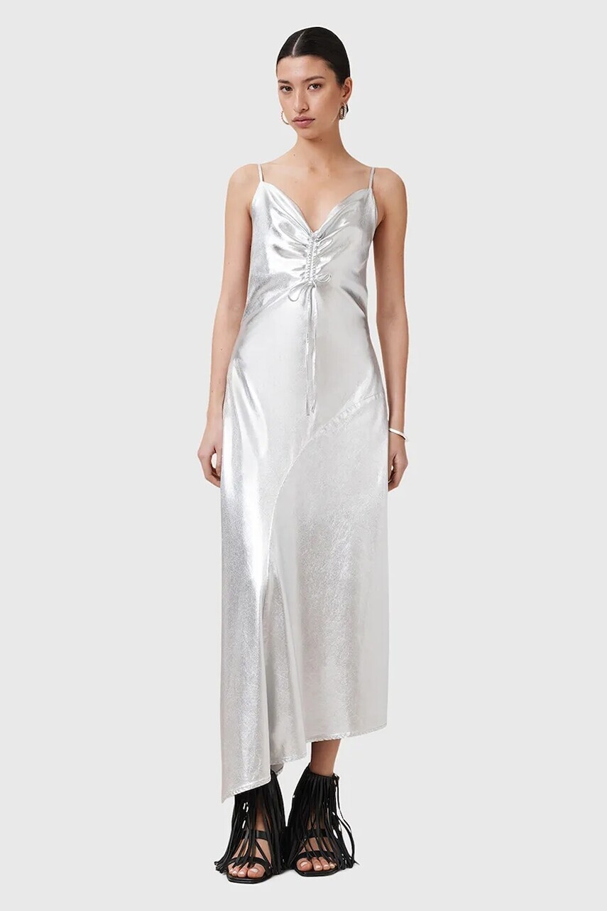 Šaty AllSaints ALEXIA strieborná farba, midi, rovný strih, W203DC