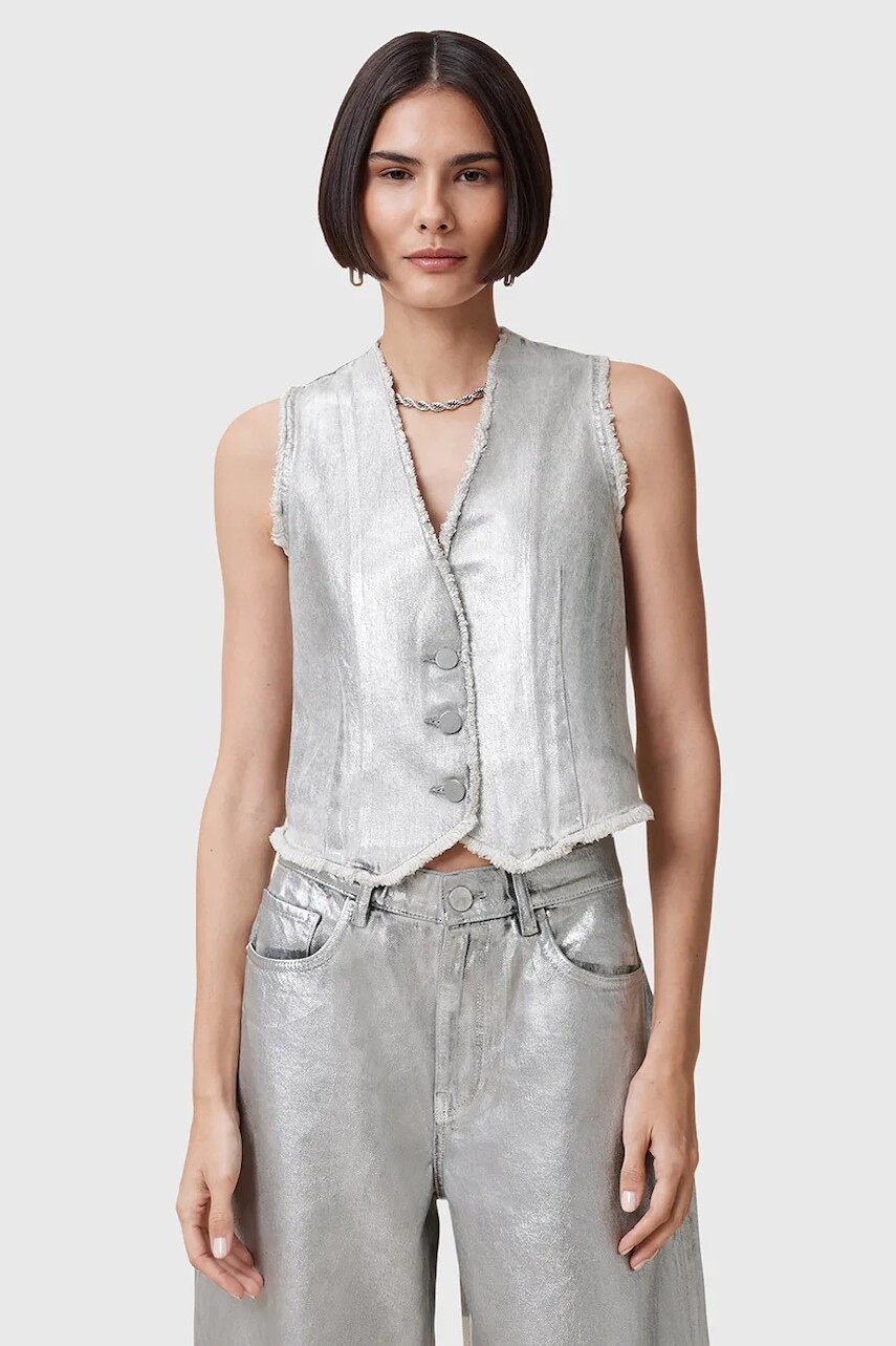Bavlnená vesta AllSaints ANDREA strieborná farba, prechodná, W127PC