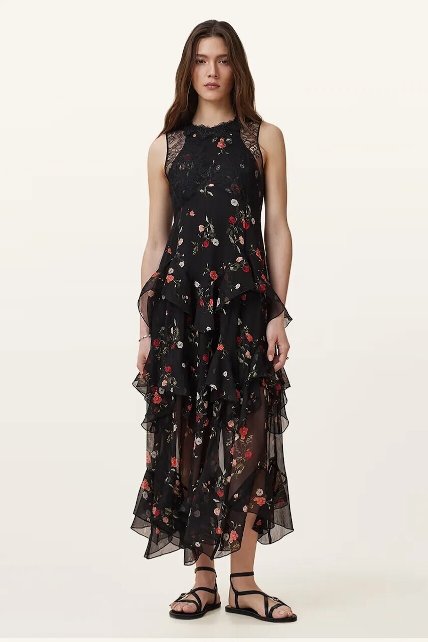 Šaty AllSaints QUINN čierna farba, maxi, áčkový strih, W208DC