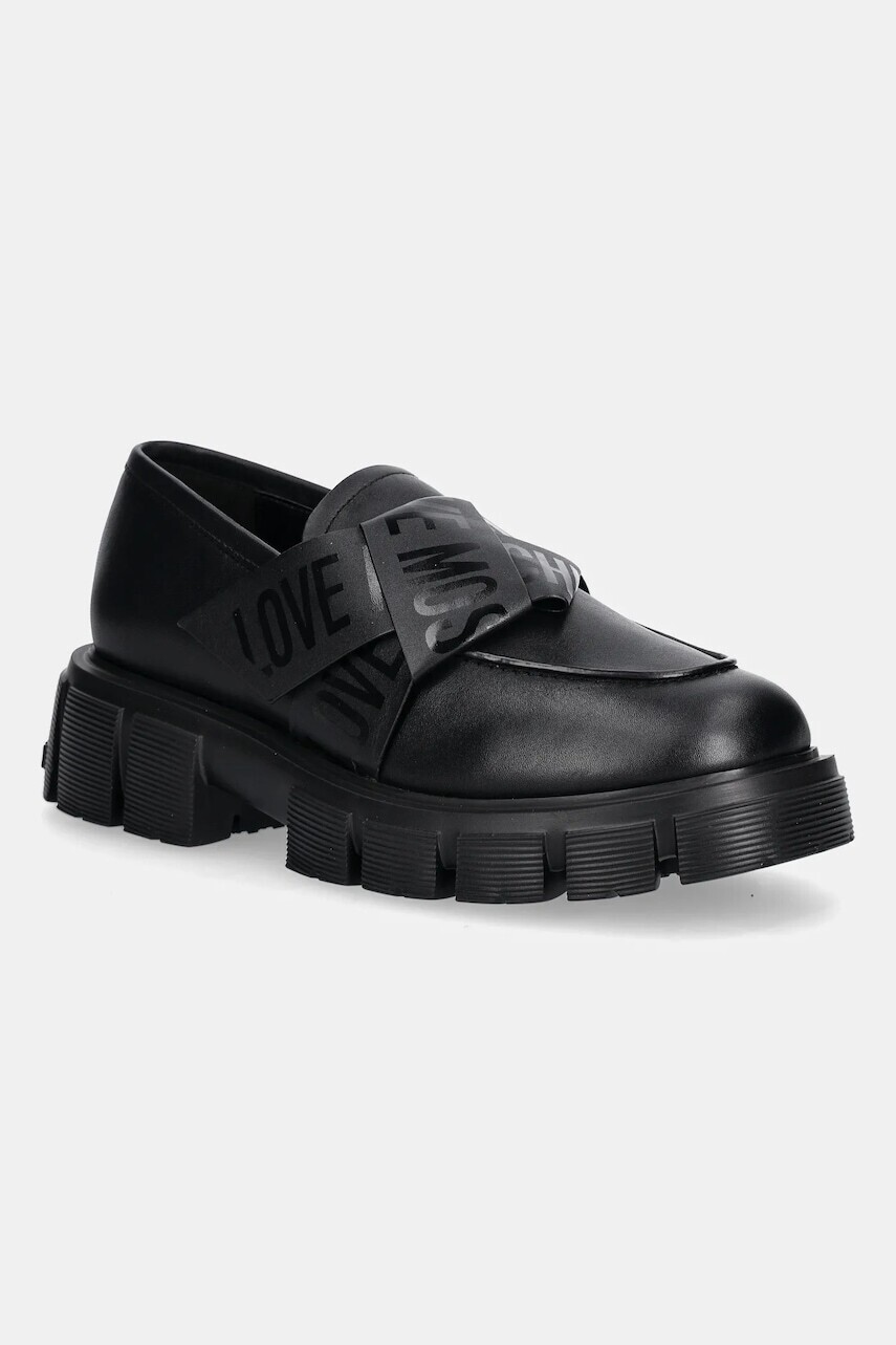 Kožené mokasíny Love Moschino čierna farba, na plochom podpätku, JA10155G1NIAX000