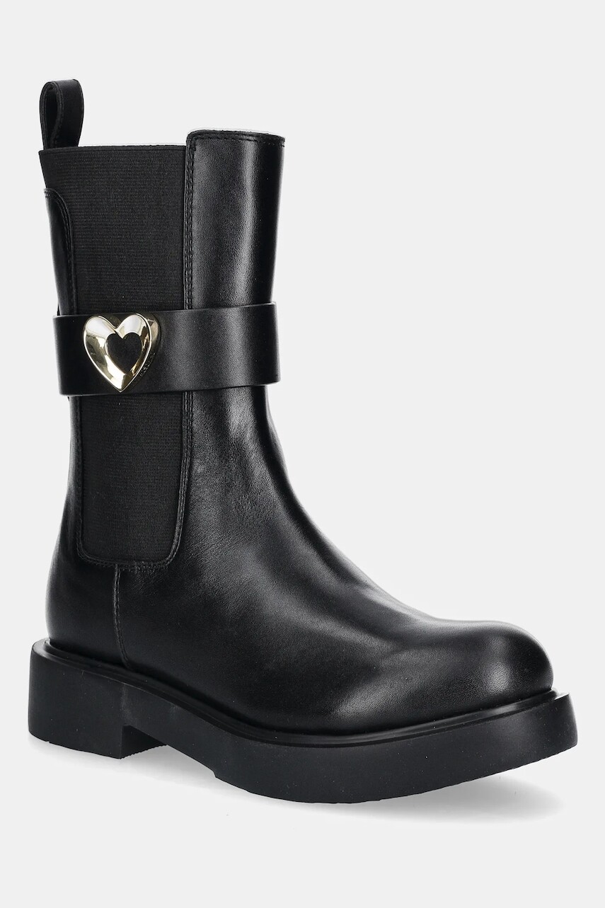 Kožené členkové topánky Love Moschino čierna farba, na plochom podpätku, JA24044G1NIA0000