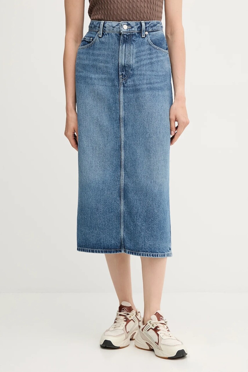 Rifľová sukňa Tommy Hilfiger modrá farba, midi, rovný strih, WW0WW46503