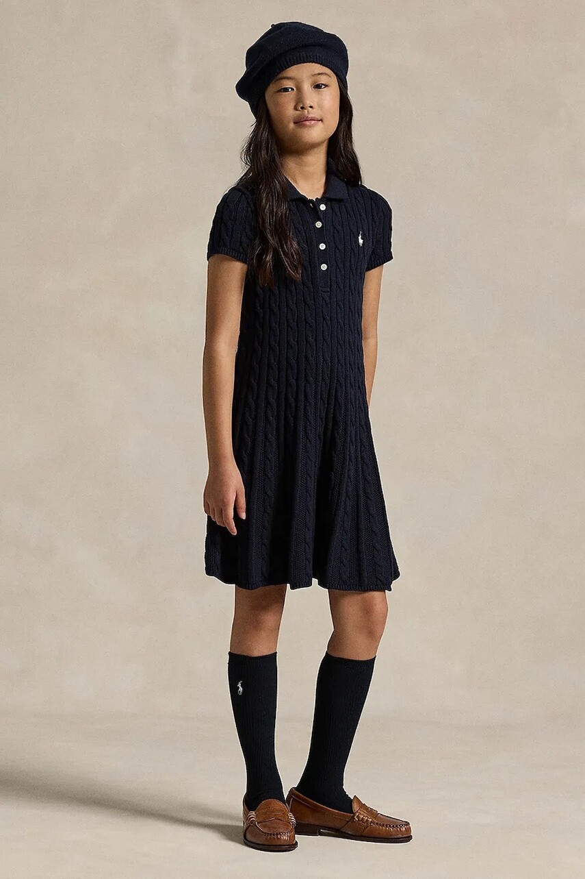 Dievčenské šaty Polo Ralph Lauren tmavomodrá farba, mini, áčkový strih, 313916526001