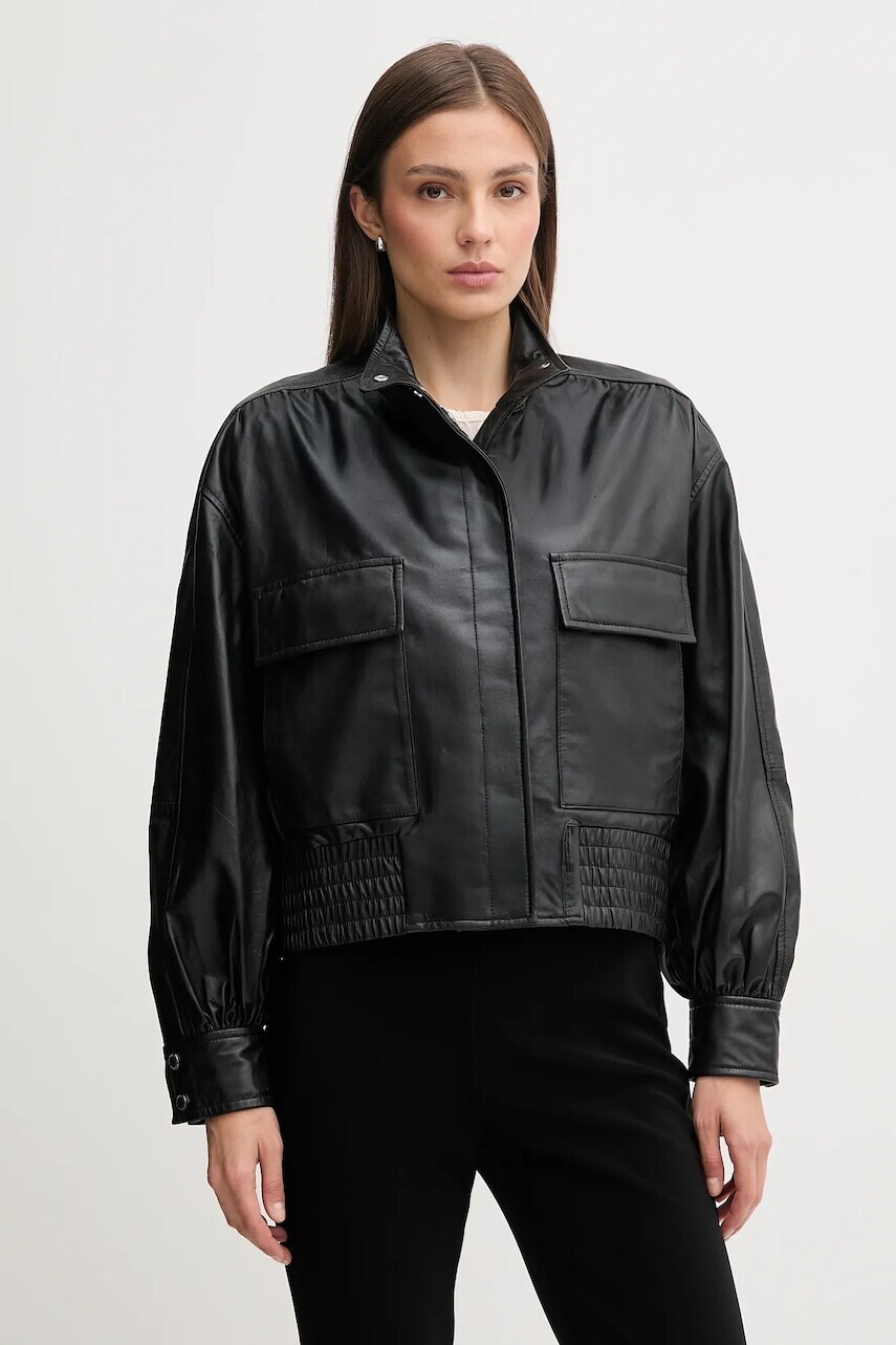 Kožená bunda Pedro del Hierro čierna farba, prechodná, oversize, 5492124