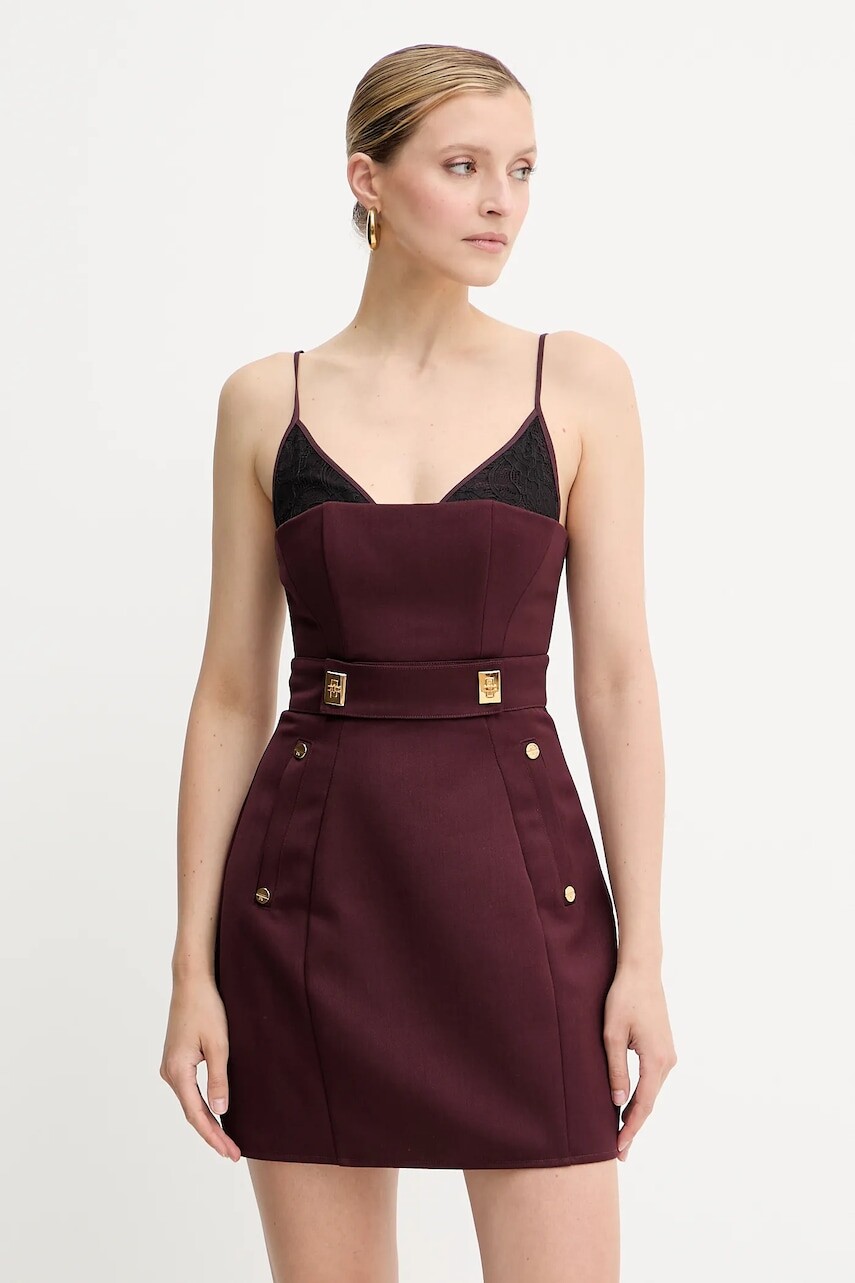 Vlnené šaty Elisabetta Franchi bordová farba, mini, priliehavé, AB82856E2