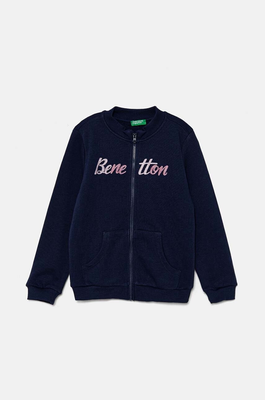 Detská bavlnená mikina United Colors of Benetton tmavomodrá farba, s potlačou, 3J70G5037