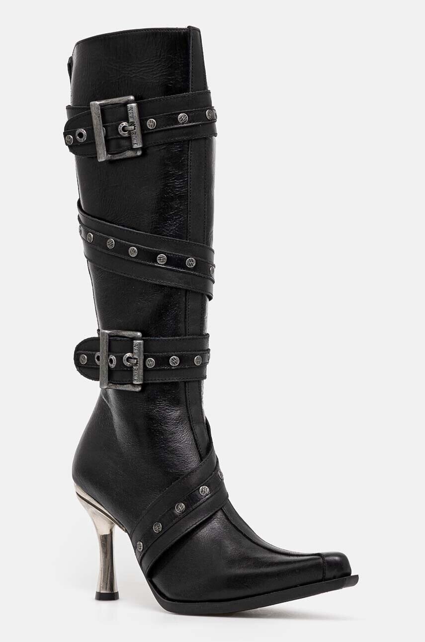 Kožené čižmy New Rock ITALI NEGRO + MALICIA TACON CARIBE ACERO dámske, čierna farba, na vysokom podpätku, M-9029-C10