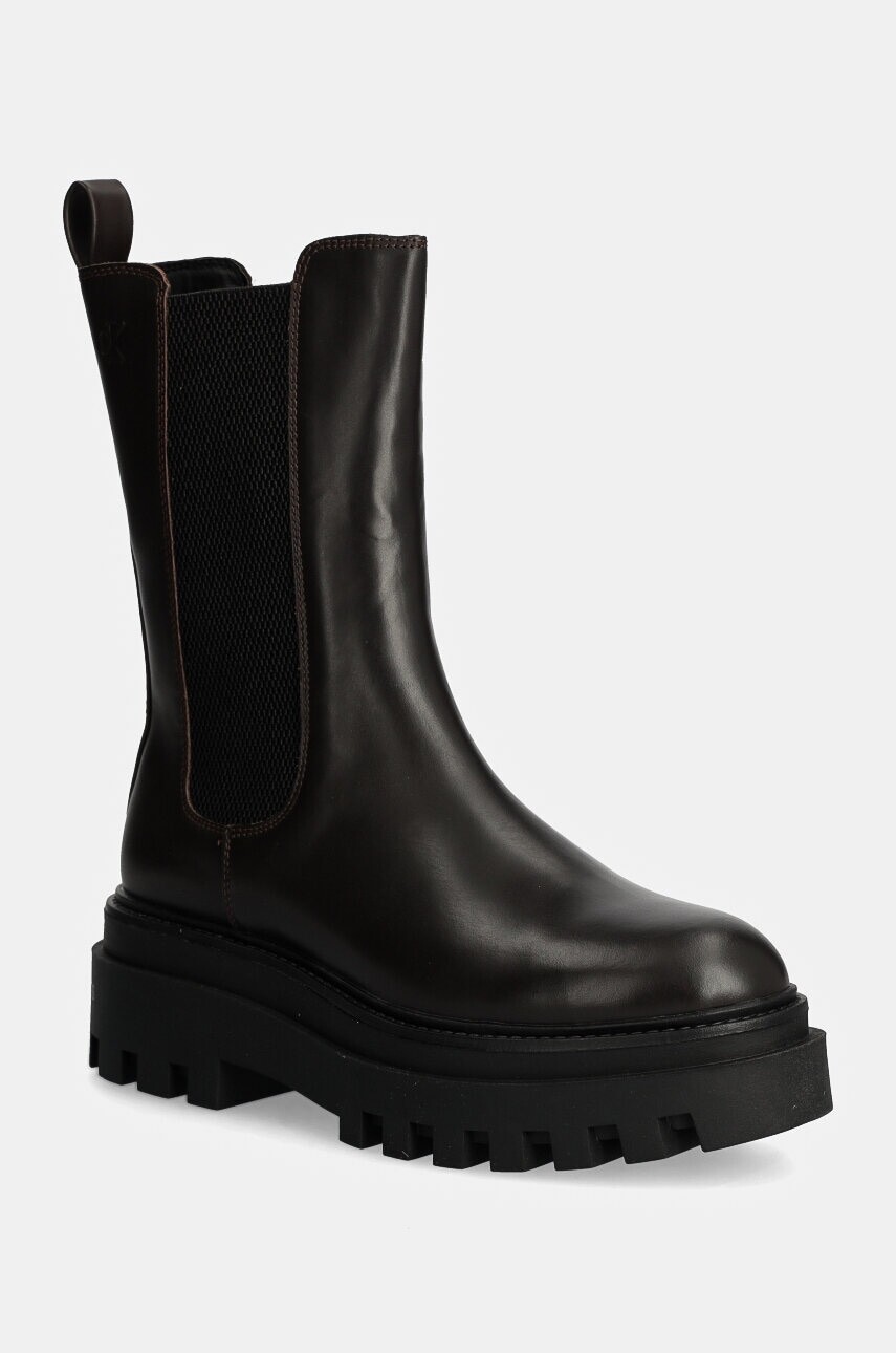 Kožené topánky chelsea Calvin Klein Jeans FLATFORM CHELSEA BOOT MG LTH dámske, hnedá farba, na platforme, YW0YW01542