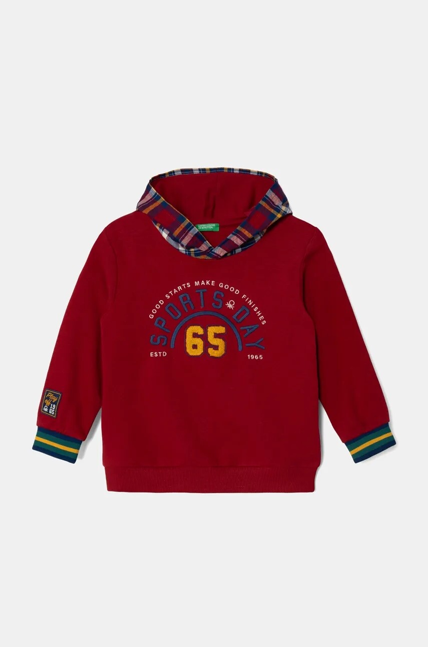 Detská mikina United Colors of Benetton bordová farba, s kapucňou, s nášivkou, 32N4G200R