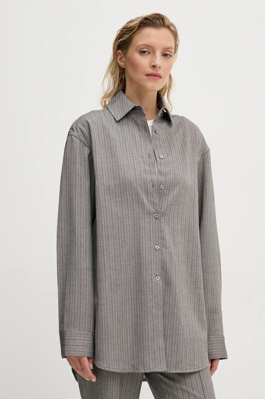 Košeľa Remain Herringbone Overshirt dámska, šedá farba, voľný strih, s klasickým golierom, 5018743038